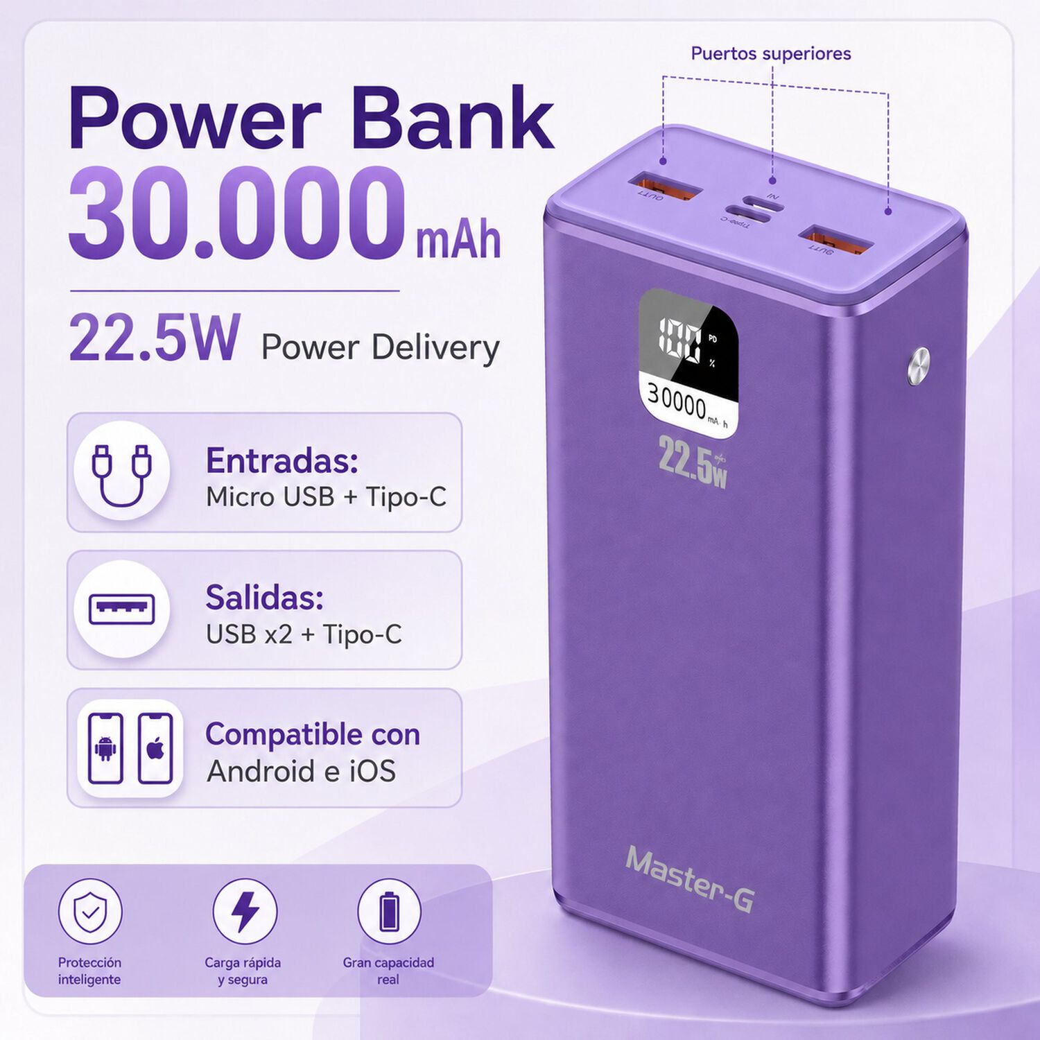 Bater&iacute;a Externa Power Bank 30000 Mah 22.5w Ucp30mpd Morada image number 2.0